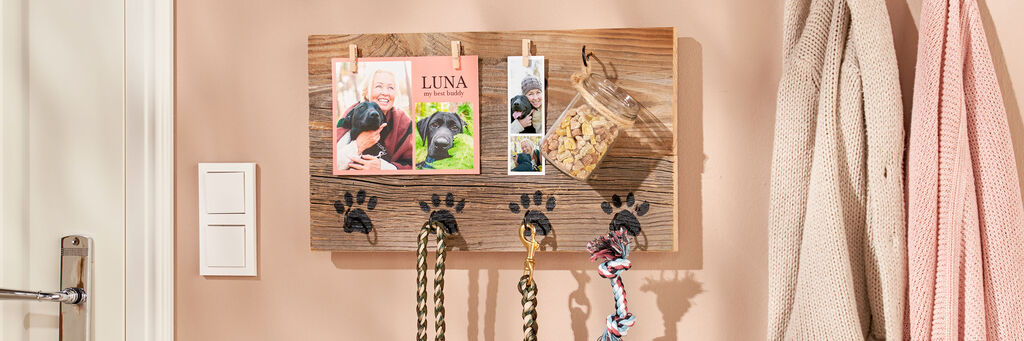 An einer Wand hängt eine personalisierte Hundegarderobe. Sie besteht aus einem Holzbrett, an dem Haken und Klammern befestigt wurden. An den Haken hängen Leinen, Spielzeuge und ein kleines Weckglas mit Leckerlies. Die Klammern halten Sofortfotos von einem Hund mit Besitzerin.